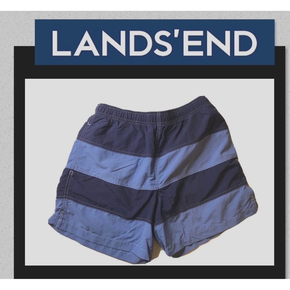 Lands' End - Men's - Medium (32/34) - Blue & White Striped - Swim Trunks
